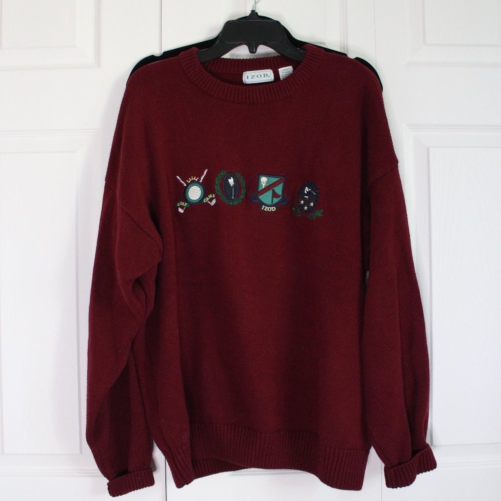 IZOD Maroon Crewneck Cotton Embroidered Golf Sweater Large